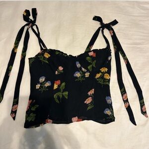 Reformation Black Floral Camisole with Tie Straps